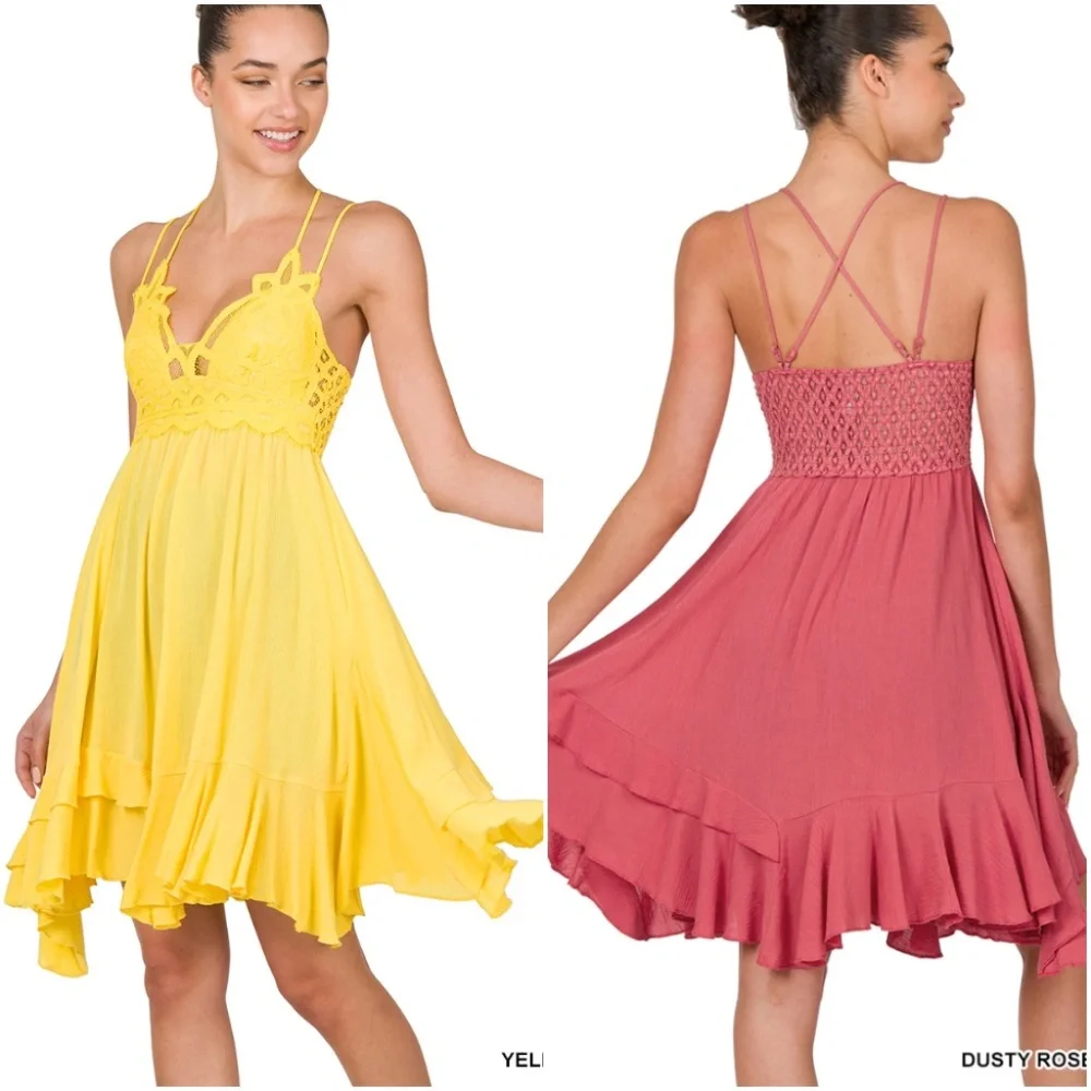 CROCHET LACE ASYMMETRIC RUFFLE TRIM CAMI DRESS - Picture 5 of 7